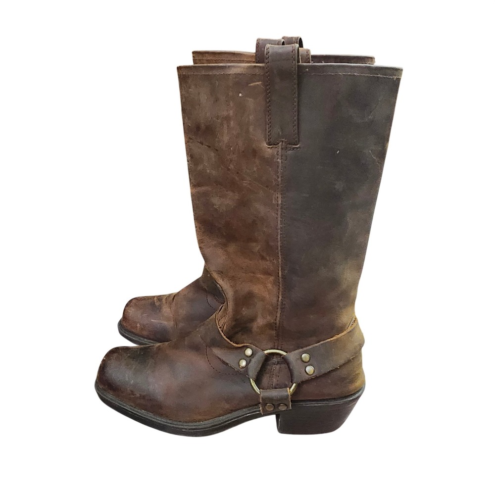 Mossimo Supply Co L 9.5 Brown Leather Harness Biker Boots Square Toe Distressed - Picture 10 of 12